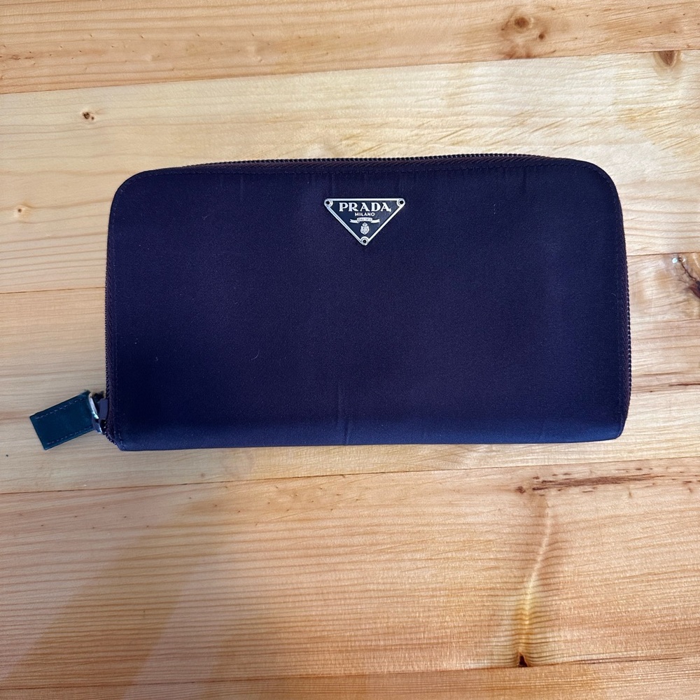 Prada Black and Purple Wallet with Zipper Closure
